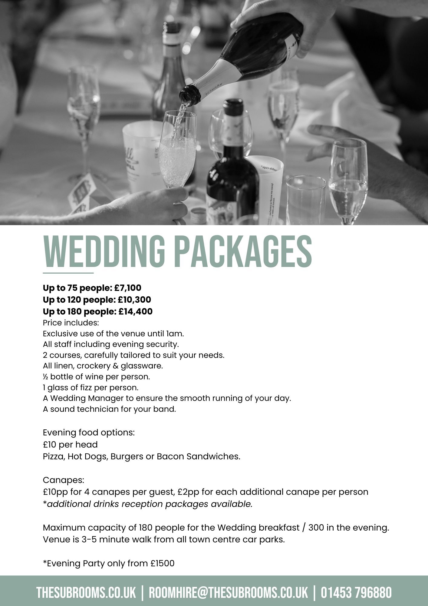A detailed list of wedding packages at The Sub Rooms in Stroud