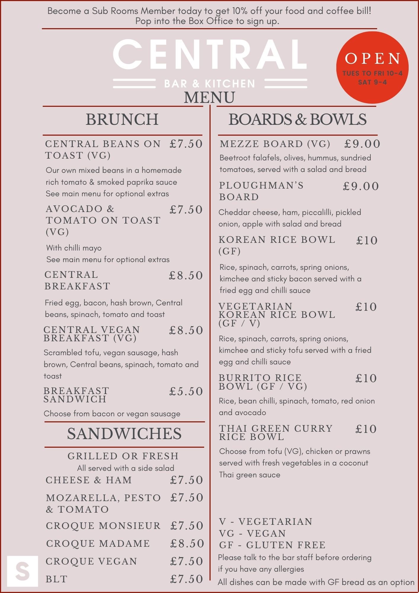 Cafe menu for The Sub Rooms Central Bar and Kitchen in Stroud