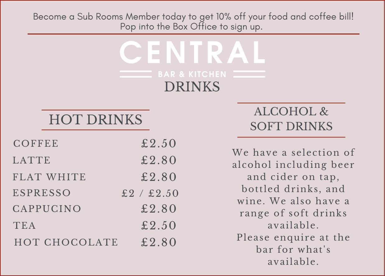 Drinks menu for Central Bar and Kitchen at The Sub Rooms